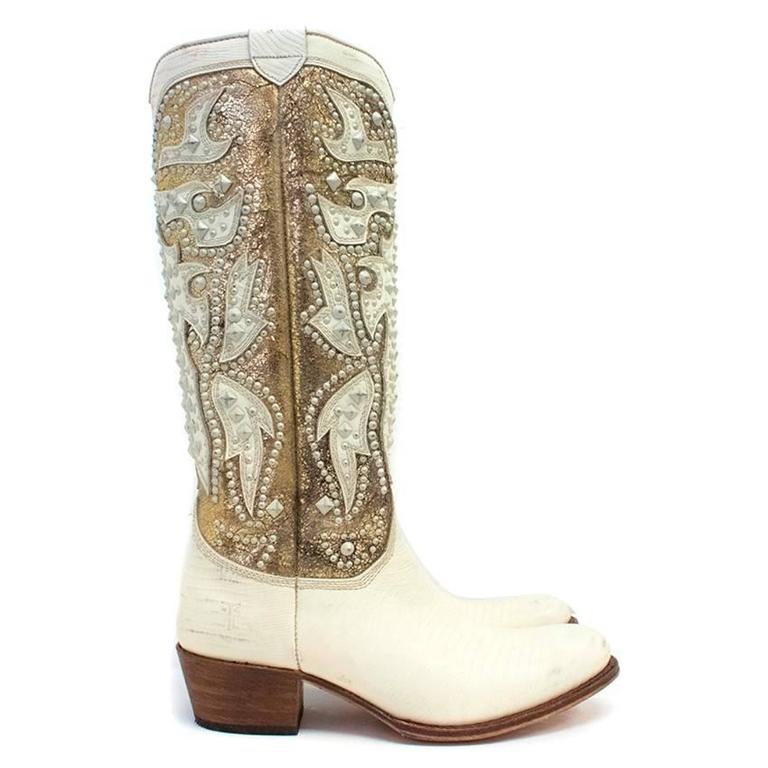 Frye Gold And Cream Studded Tall Cowboy Boots For Sale at 1stDibs