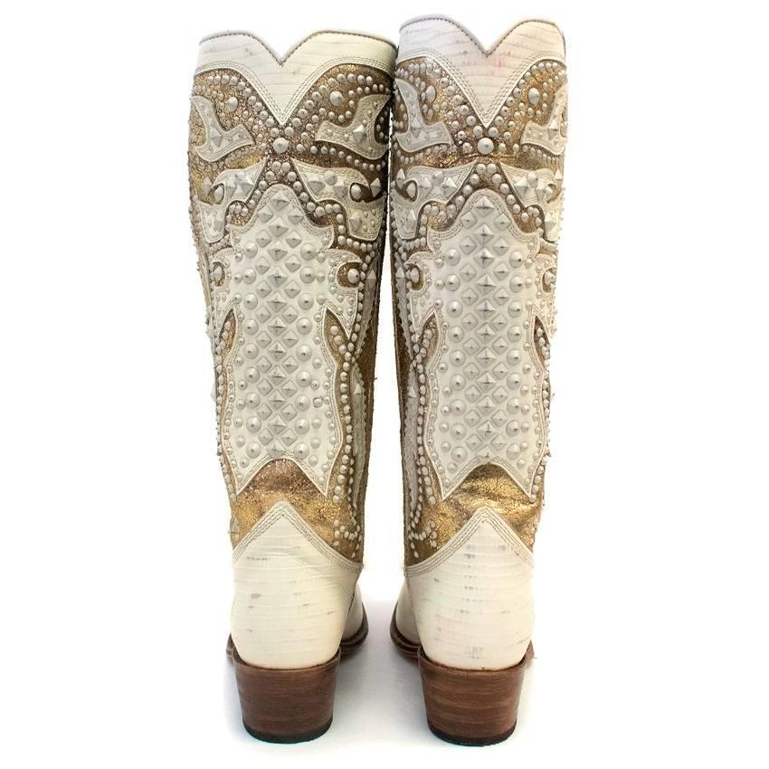 Frye Gold And Cream Studded Tall Cowboy Boots For Sale 3