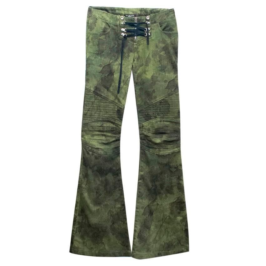 Balmain Green Patterned Lace Up Detail Flare Jeans For Sale