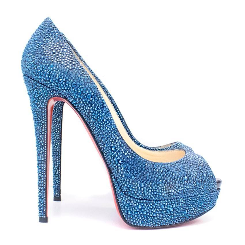 Christian Louboutin blue Lady peep swarovski pumps in a stiletto platform style featuring crystal embellishment all-over.

Condition: 9/10. Minor sign of wear to soles (refer to images). 

Size IT: 39.5
Size UK: 6.5
Size US: 9.5

Measurements