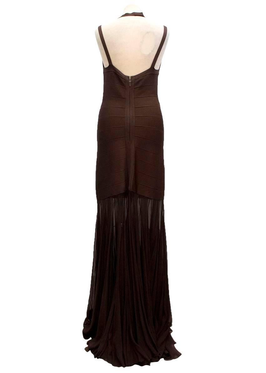 Herve Leger brown floor length dress with chiffon. 

Strappy bandage dress with long chiffon skirt. Features concealed back zip. 

Condition - 10/10.

Approx measurements:
 Bust: 37 Cm 
Waist: 33 Cm 
Hip: 43 
Length: 160 Cm

US size S
