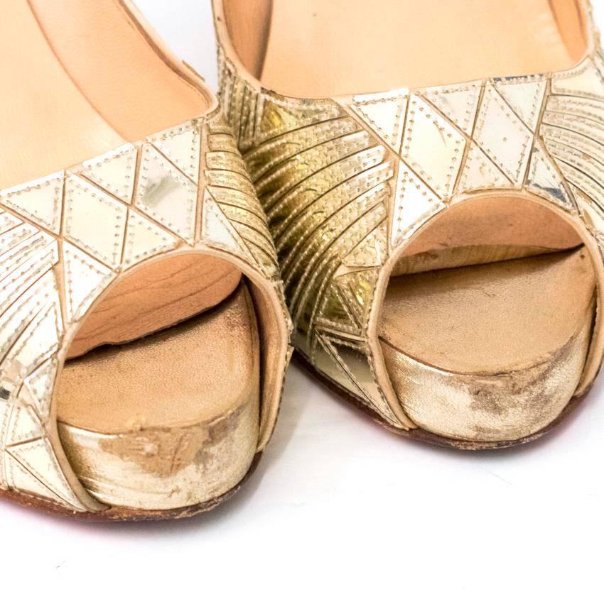 Women's Christian Louboutin Gold Patent Leather Peep Toe Heels For Sale
