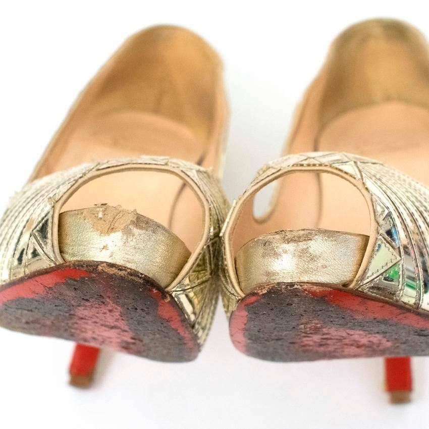 Christian Louboutin Gold Patent Leather Peep Toe Heels For Sale 1