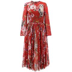 Dolce and Gabbana Red Floral & Owl Print Silk Dress