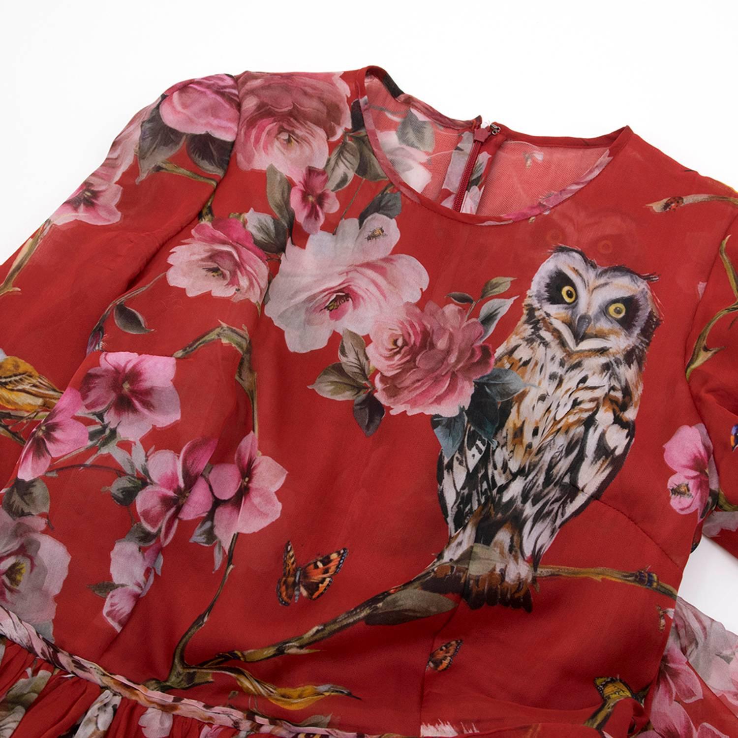 Dolce and Gabbana Red Floral & Owl Print Silk Dress In New Condition In London, GB