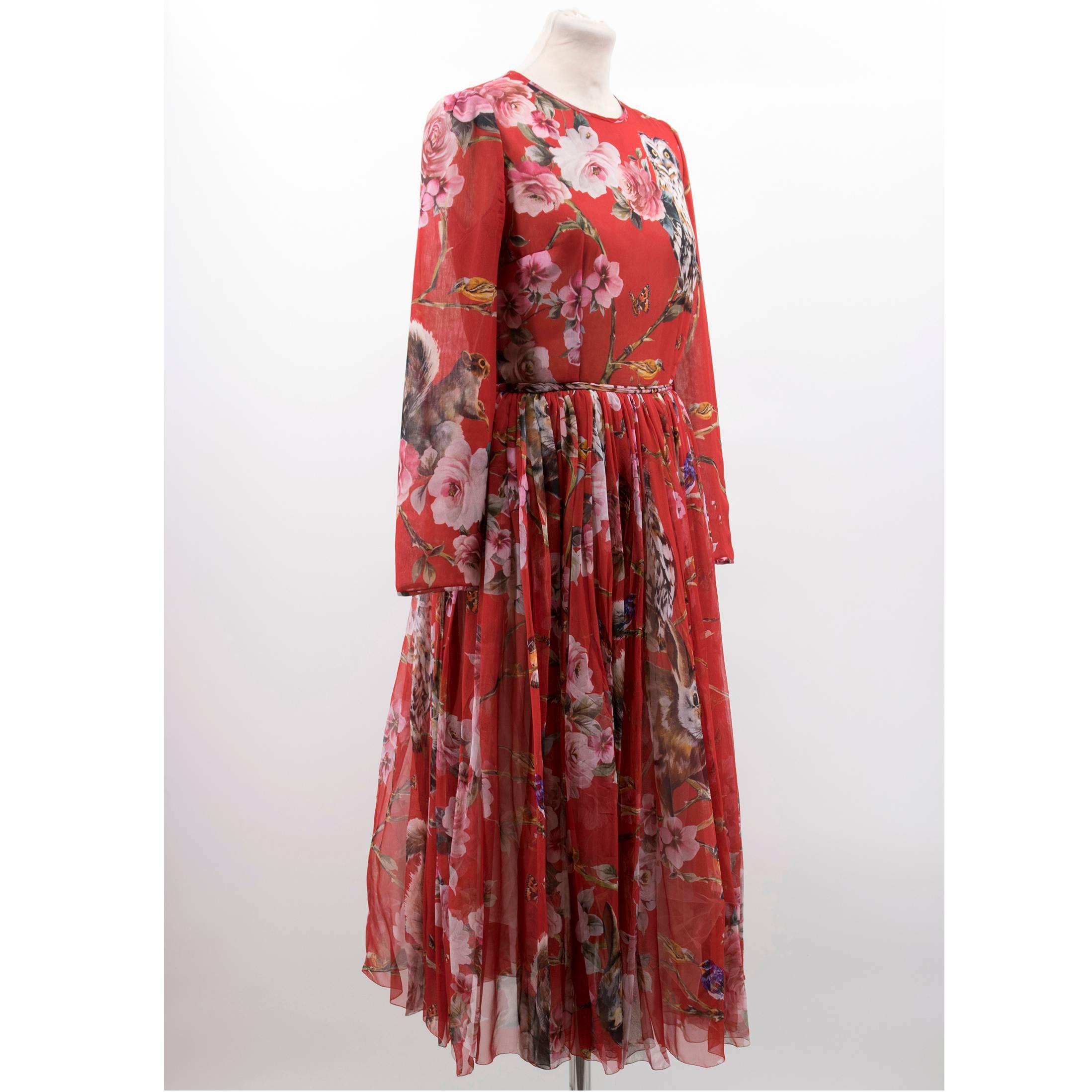 Women's Dolce and Gabbana Red Floral & Owl Print Silk Dress