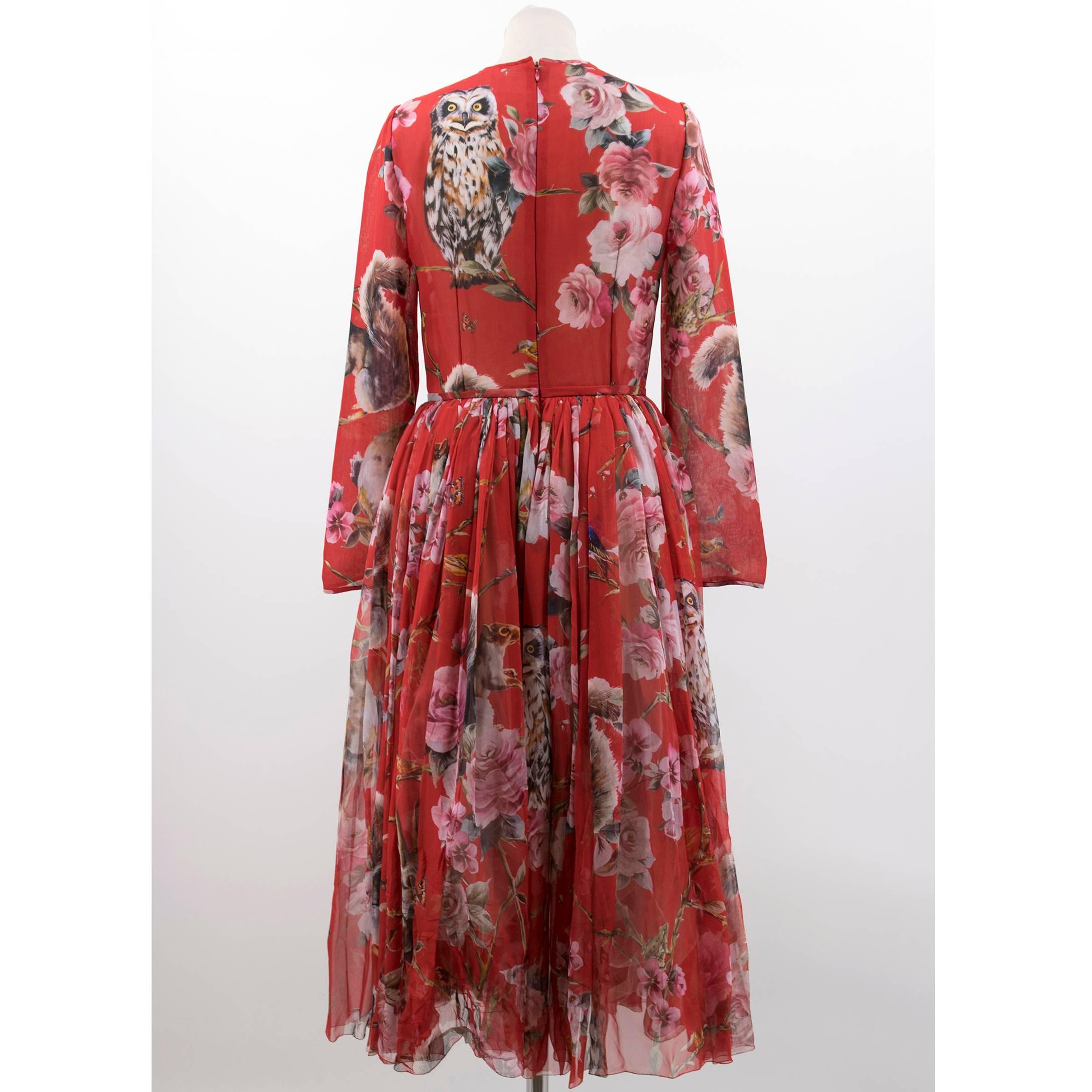 Dolce and Gabbana Red Floral & Owl Print Silk Dress 1
