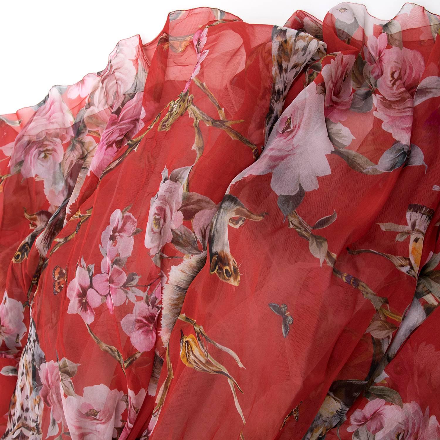 Dolce and Gabbana Red Floral & Owl Print Silk Dress 2