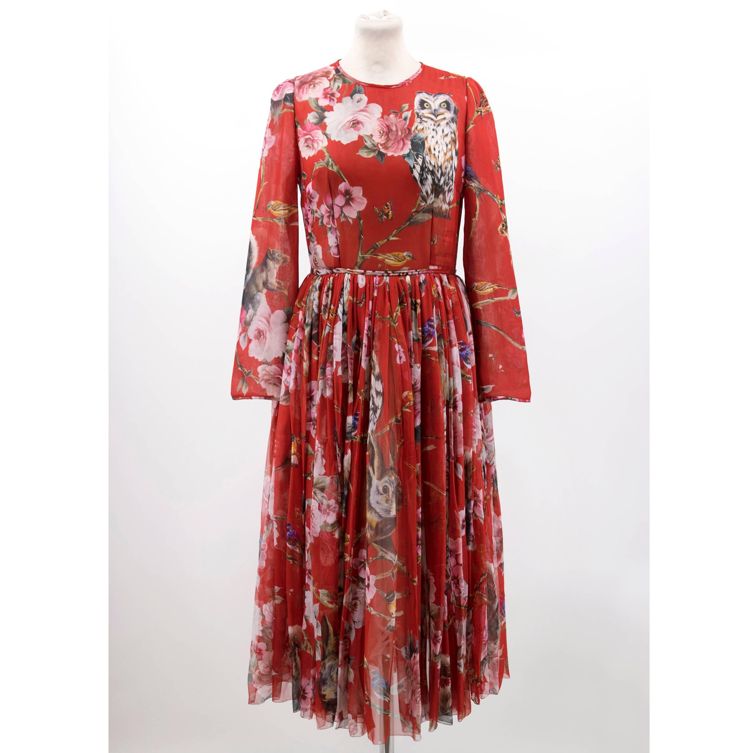 Dolce and Gabbana Red Floral & Owl Print Silk Dress 3