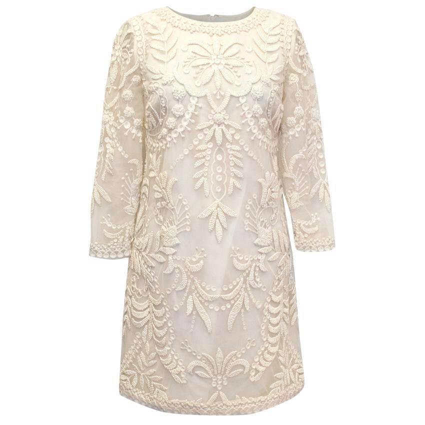 Oscar de la Renta Cream Mesh Embroidered Dress For Sale