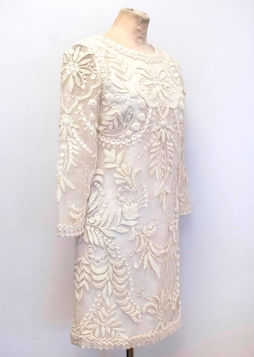 Beige Oscar de la Renta Cream Mesh Embroidered Dress For Sale