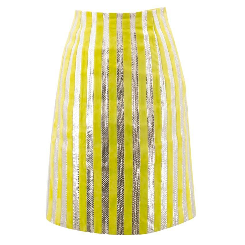 Prada Lime Green and Silver Python Striped Skirt For Sale