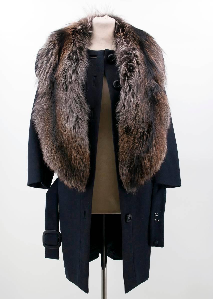 Black Prada Wool Coat With Fox Fur Collar For Sale