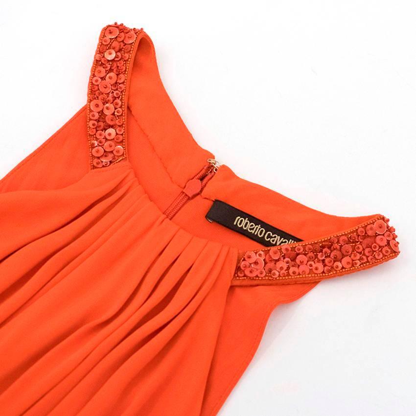 Roberto Cavalli orange gown with sequin and bead detail. In a floor length style in lightweight draped fabric.

Size: US 6
Measurements: Approx. Bust: 31cm Waist: 28cm Hip: 31cm Length: 140cm
Conditions: 9/10. Some minor marks near hem. Refer to