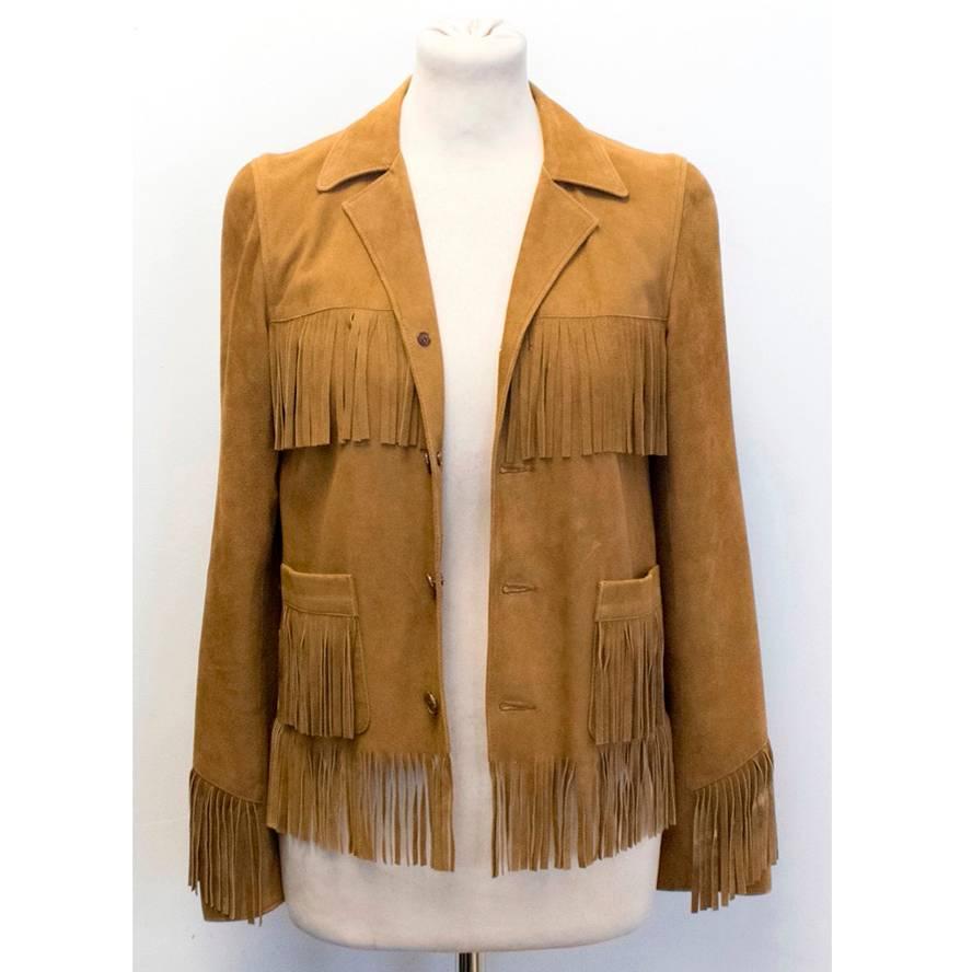 Saint Laurent camel suede button-front Curtis jacket trimmed with long fringe detailing. Features notch lapel collar, shoulder yoke detail, fringe detail side patch pockets, five button cuffs and tortoise shell button front closure. Lined in