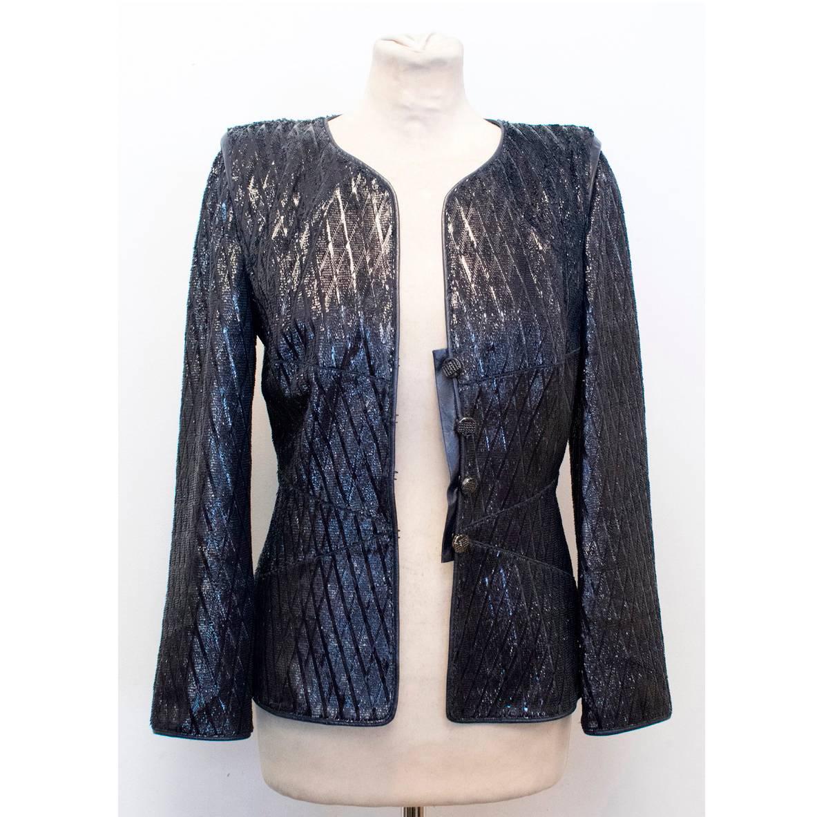 Chanel Navy Lambskin Sparkly Jacket For Sale 1