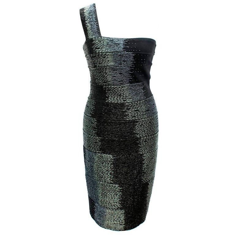 Herve Leger Black Beaded Bandage Dress For Sale at 1stdibs