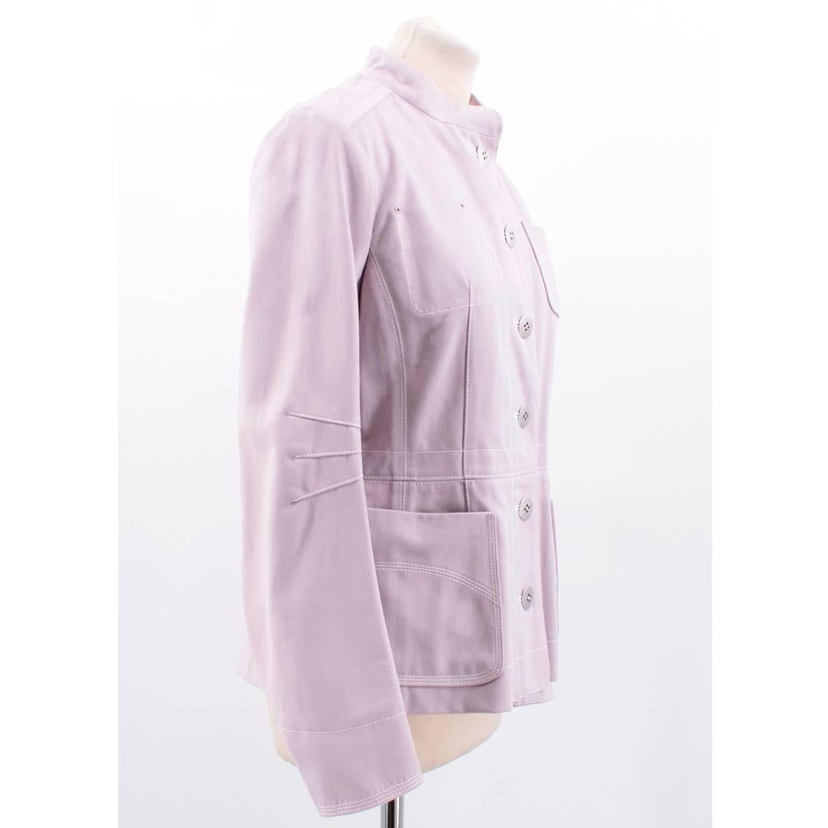 Louis Vuitton lavender military jacket in a fitted style featuring a mandarin collar with white contrast stitching and silver-tone buttons.

Size: US 8 
Measurements: Approx. Length - 62cm Sleeve - 45cm Bust - 47cm
Condition: 10/10

* Please note,
