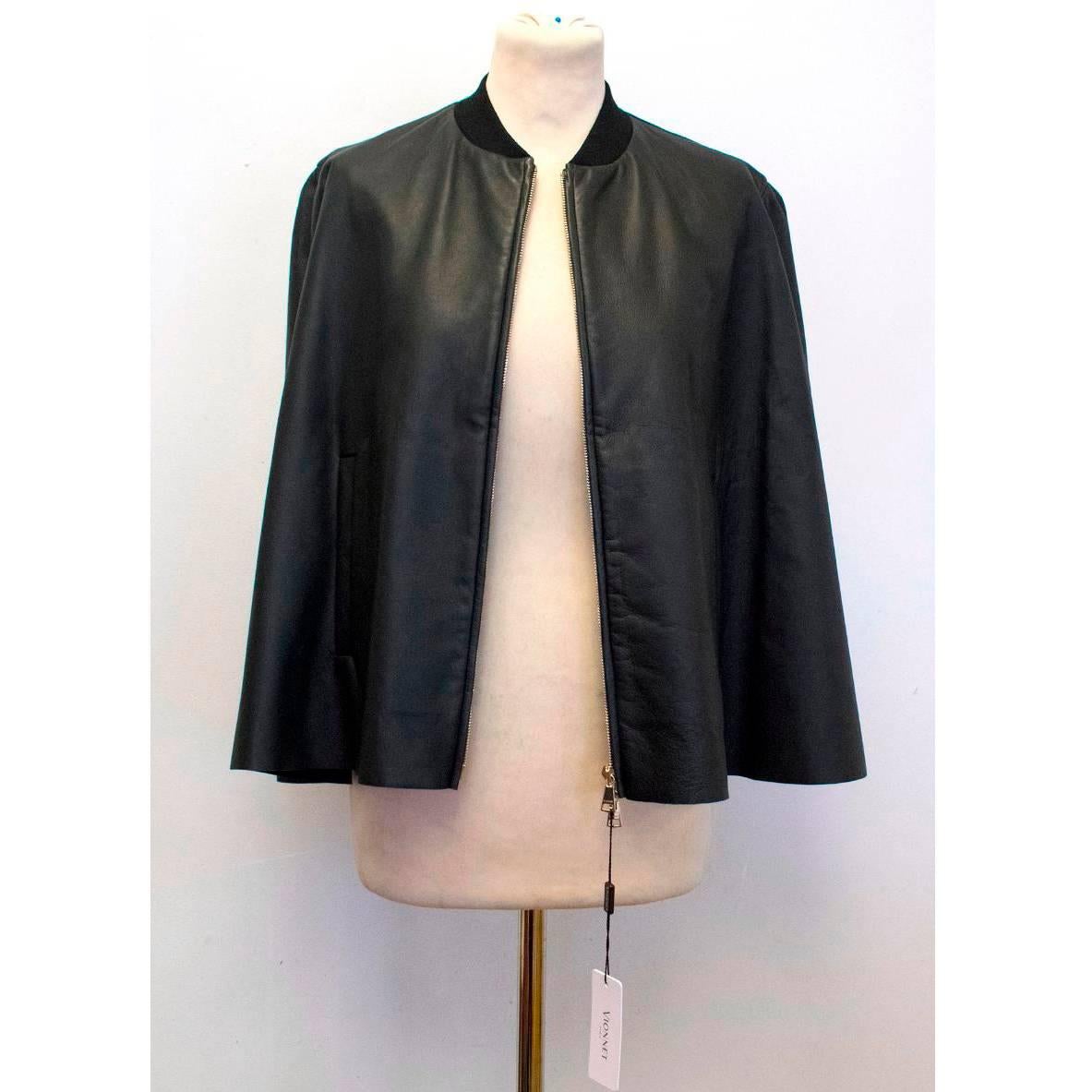 Vionnet Black Leather Cape with Sheer Detail In New Condition For Sale In London, GB