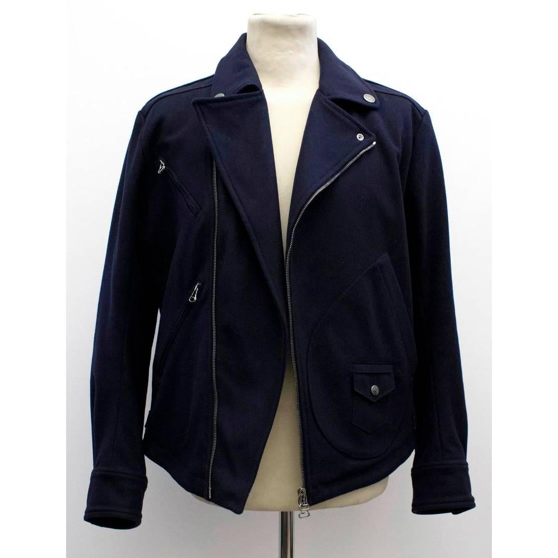 Pierre Balmain Navy Wool Biker Jacket For Sale 4