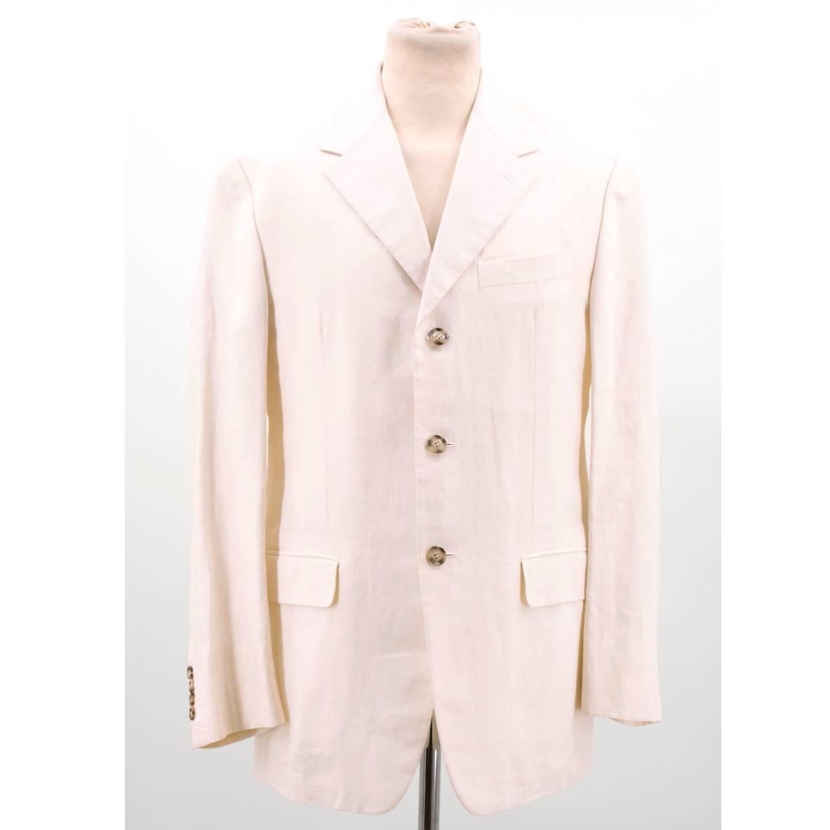Prada cream linen suit with a single-breasted jacket and straight leg trousers. 

Size:
Measurements: Approx. Trousers: Length - 105cm Inseam - 80cm Waist - 41cm Jacket: Length - 79cm Chest - 54cm Sleeve - 45cm

Conditions Details : 9.5/10

* Please