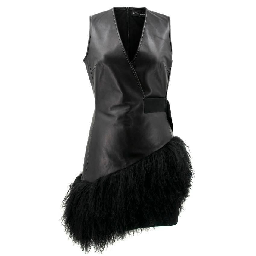 David Koma Black Leather and Fur Dress