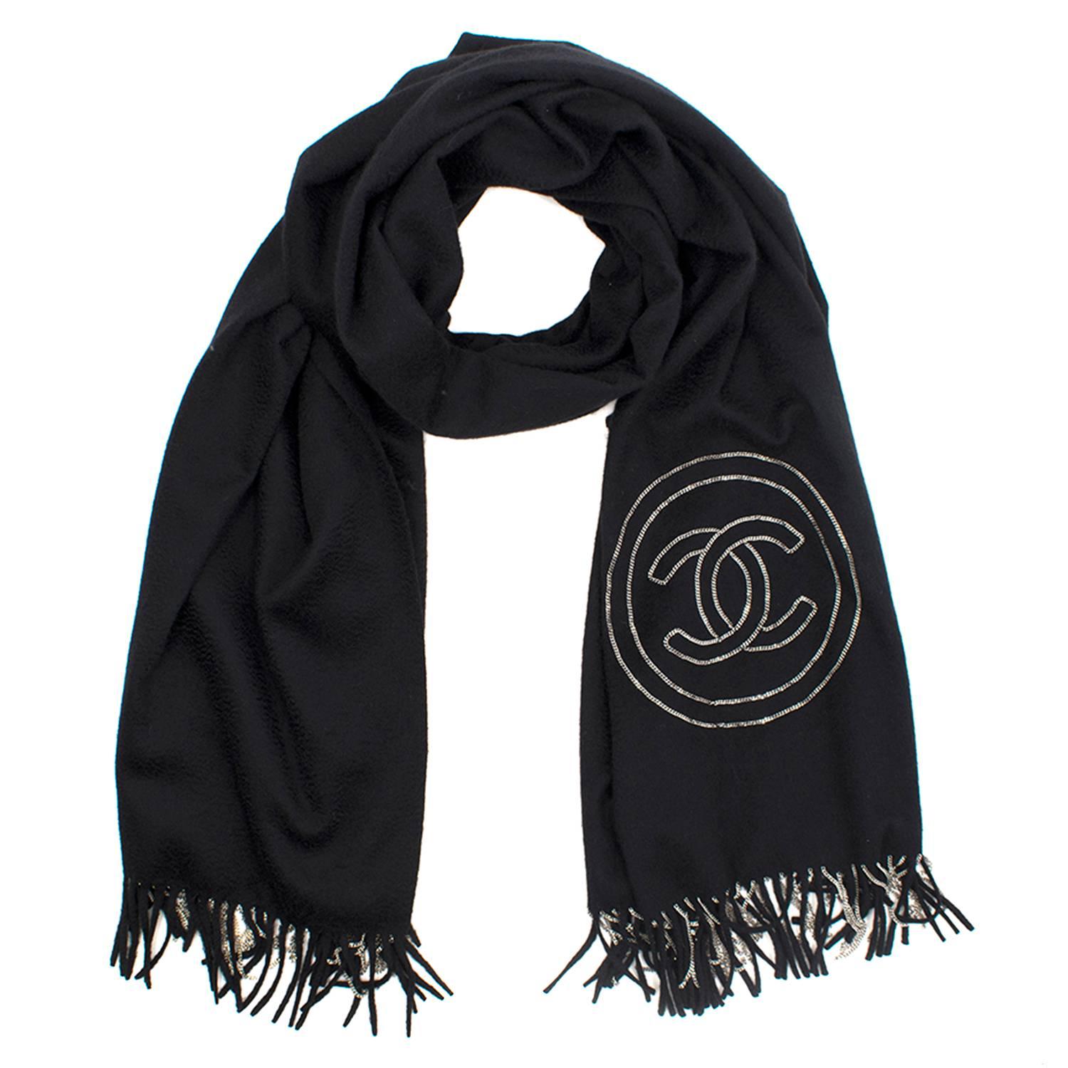 Chanel Black Thick Cashmere Chain Fringe and Embellished CC Wrap  For Sale