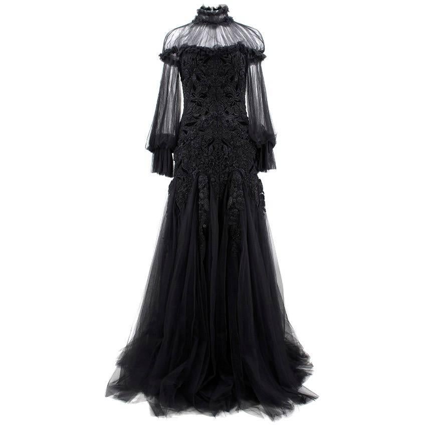 Alexander Mcqueen Black Beaded Tulle Gown (Size: US 6/S)  For Sale