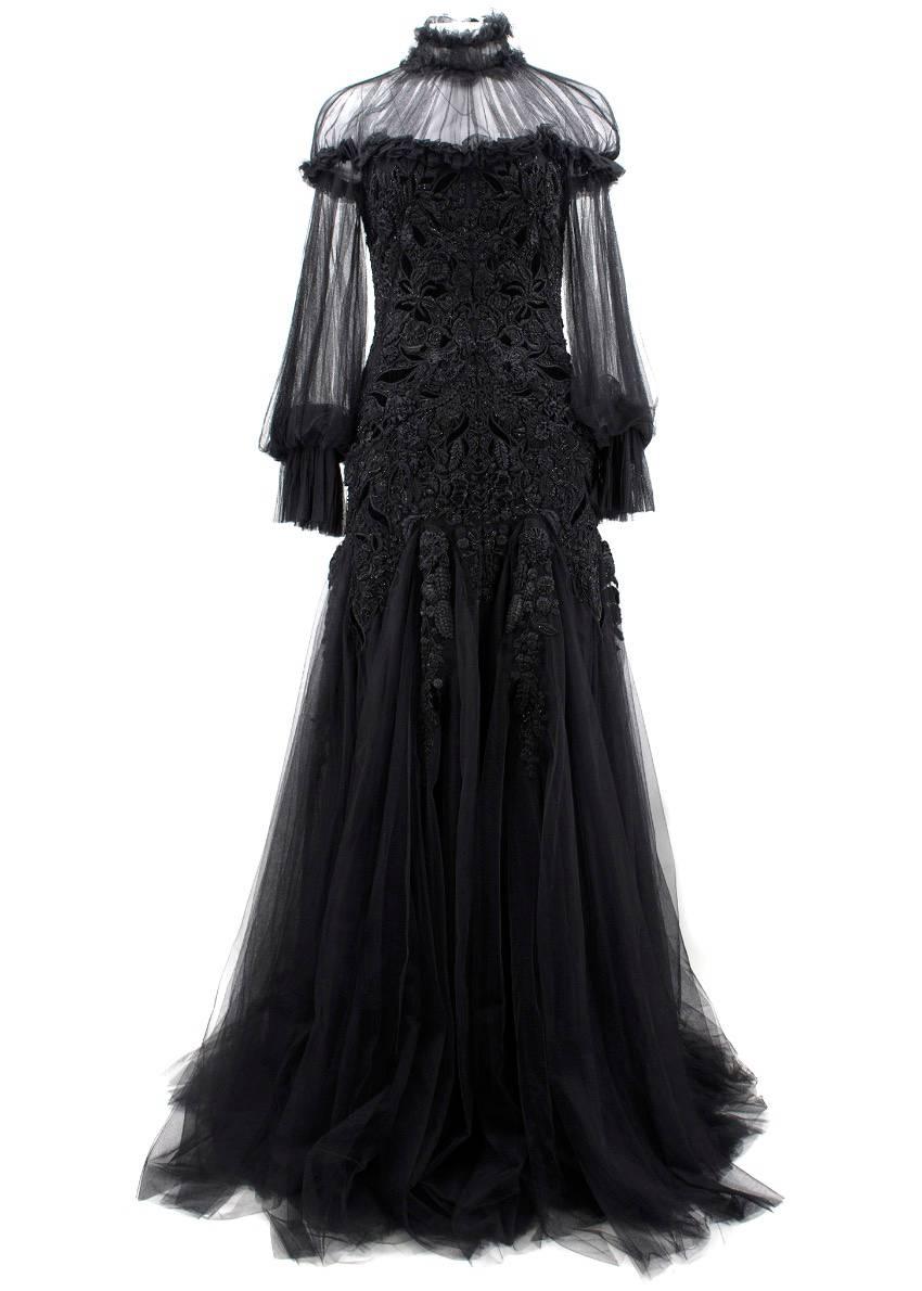 Alexander Mcqueen Black Beaded Tulle Gown (Size: US 6/S) For Sale 