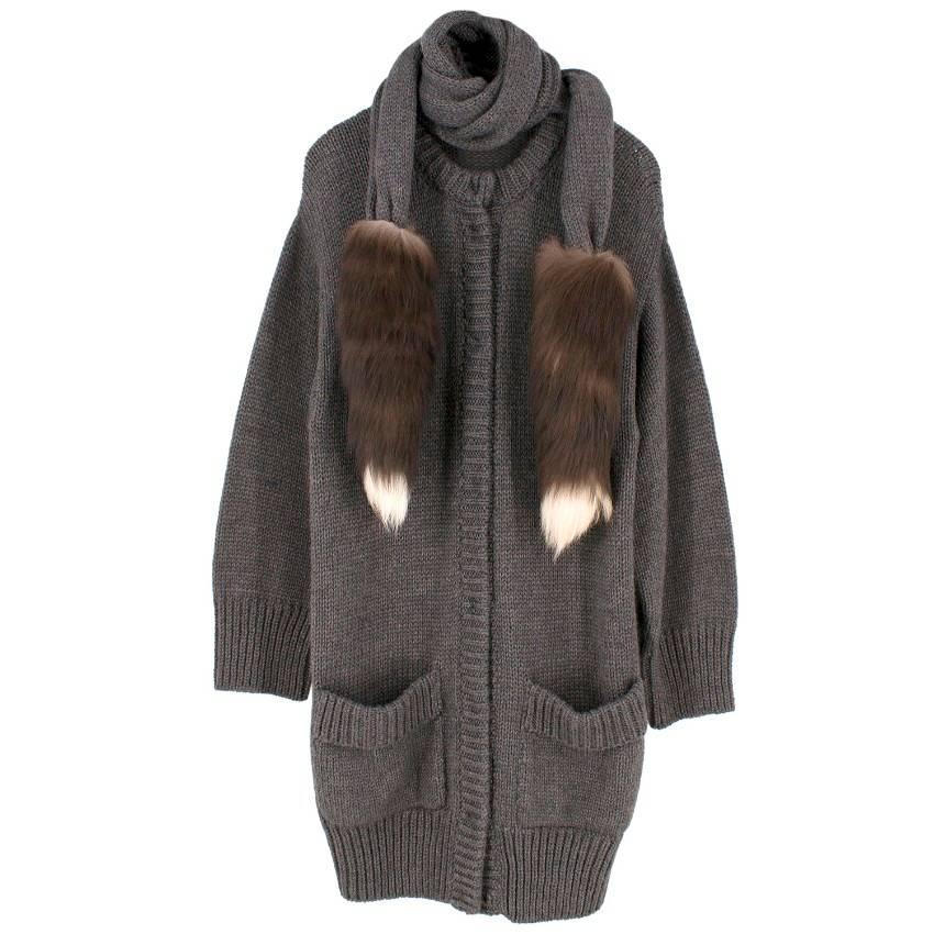 Dolce & Gabbana Grey Wool & Alpaca Blend Fox Tail Trim Cardigan US size 4 For Sale