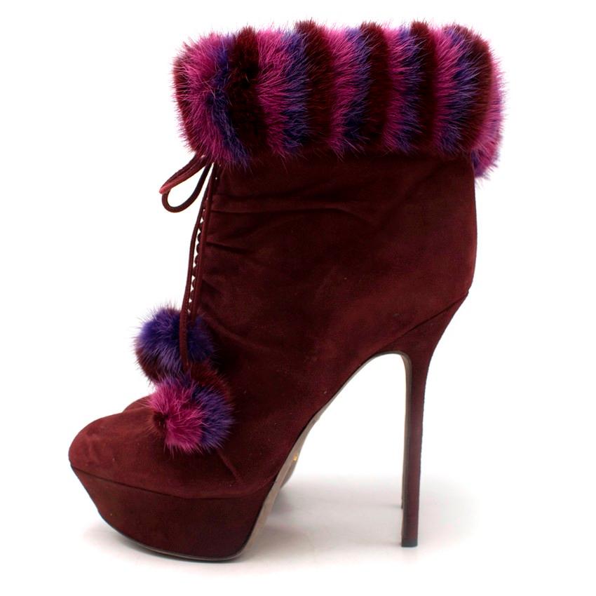 Sergio Rossi Burgundy Mink Trim Platform Booties Size 39 In Excellent Condition For Sale In London, GB