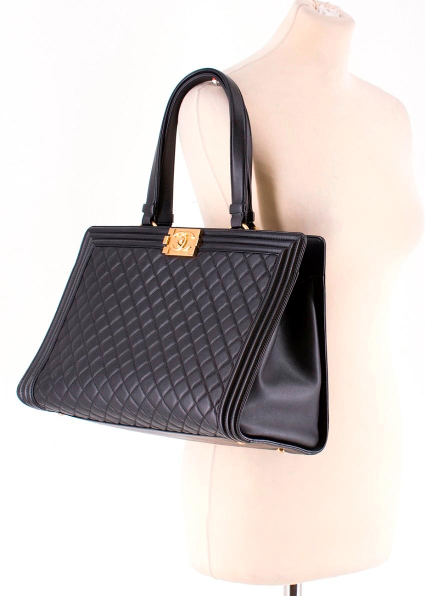 Chanel Black Quilted Leather Boy Shopping Tote Bag For Sale 4