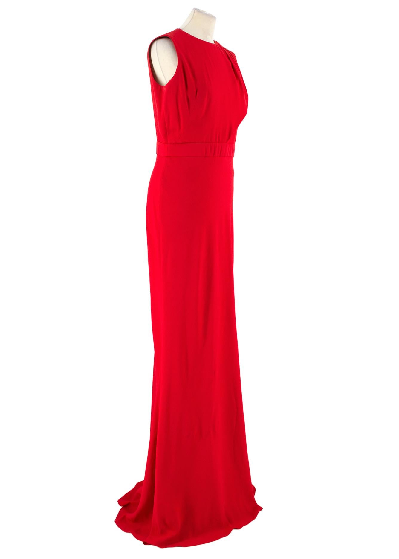 Alexander McQueen Draped Red Cutout Craped Gown

- Viscose Acetate
- Open back 
- non-stretchy, crepe fabric
- cinches at the waist and cascades down the floor
- draped sash on the left shoulder that trails behind   
- button fastenings at the back