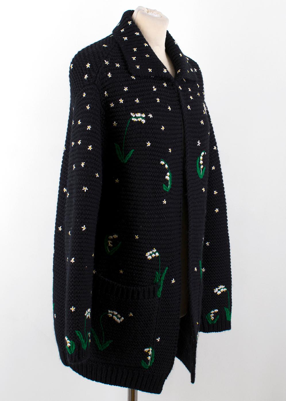 Valentino Black Wool Embroidered Floral Cardigan US size 6 In New Condition For Sale In London, GB