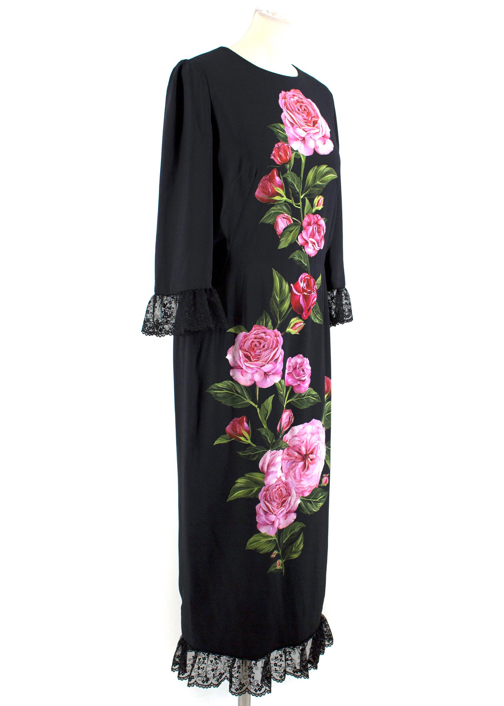 Dolce and Gabbana Rose Printed Lace Detail Midi Dress

- Beautiful rose print on the front of the dress
- Black lace detailing has been added to the cuffs and hem
- Cropped sleeves
- Midi length
- Round neckline
- Concealed rear zip
- 35cm split up