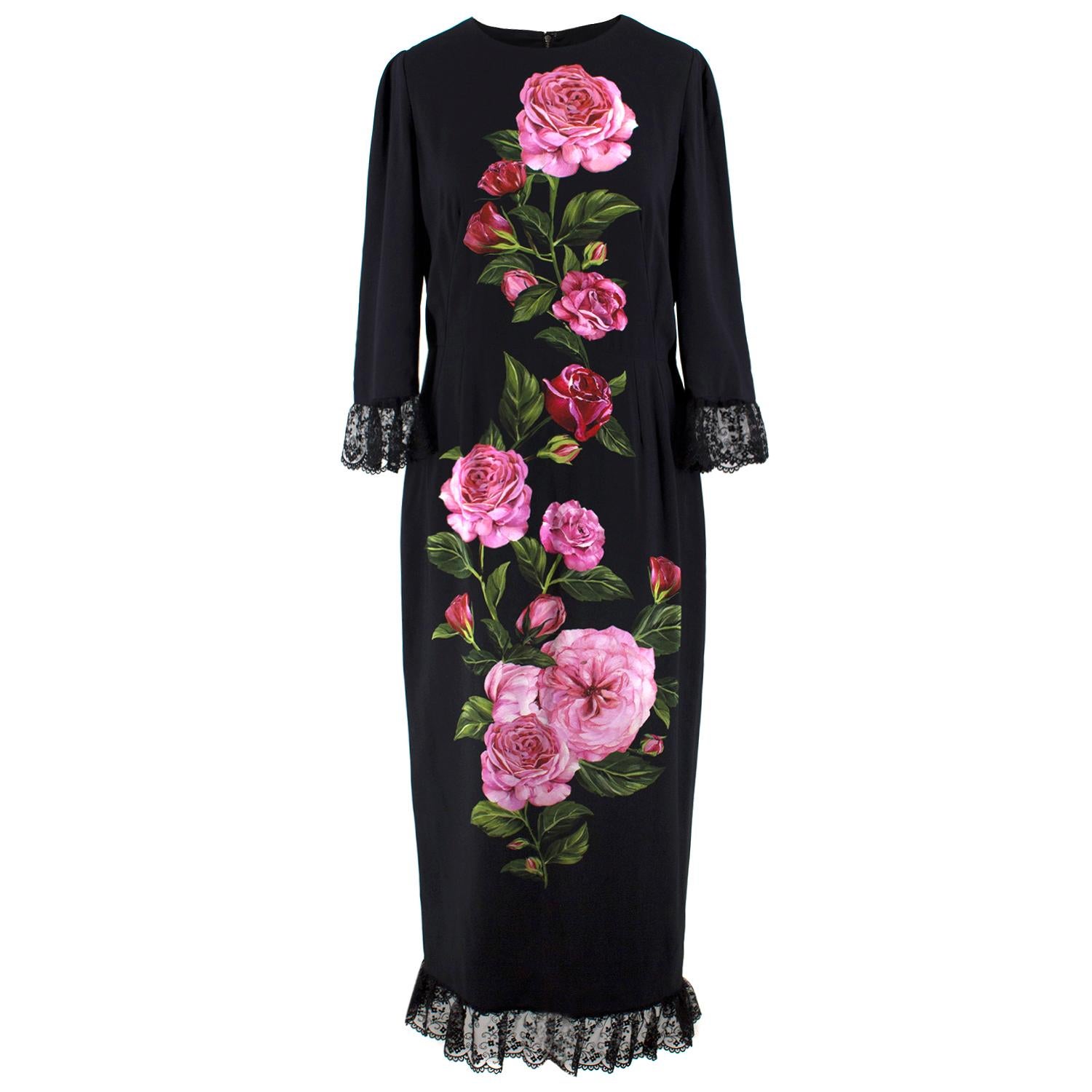 Dolce & Gabbana Rose Printed Lace Detail Midi Dress   For Sale