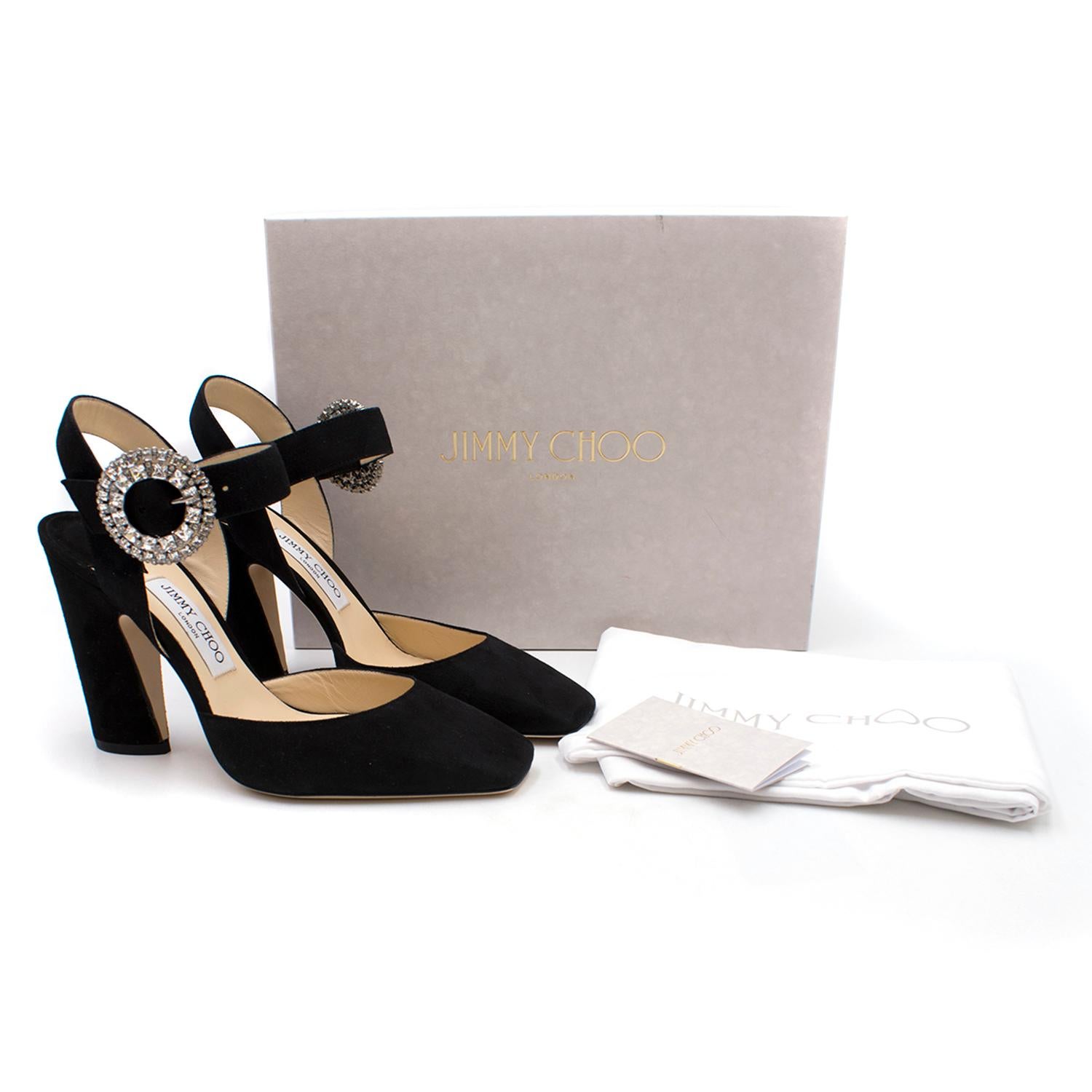 Jimmy Choo Matilda 100 Black Suede Crystal Buckle Pumps

- Current season
- Closed, square toe
- Soft black suede
- Slingback style
- Crystal buckle
- Leather lined
- Leather sole
- Brand new, never worn with all packaging, dust bag and box