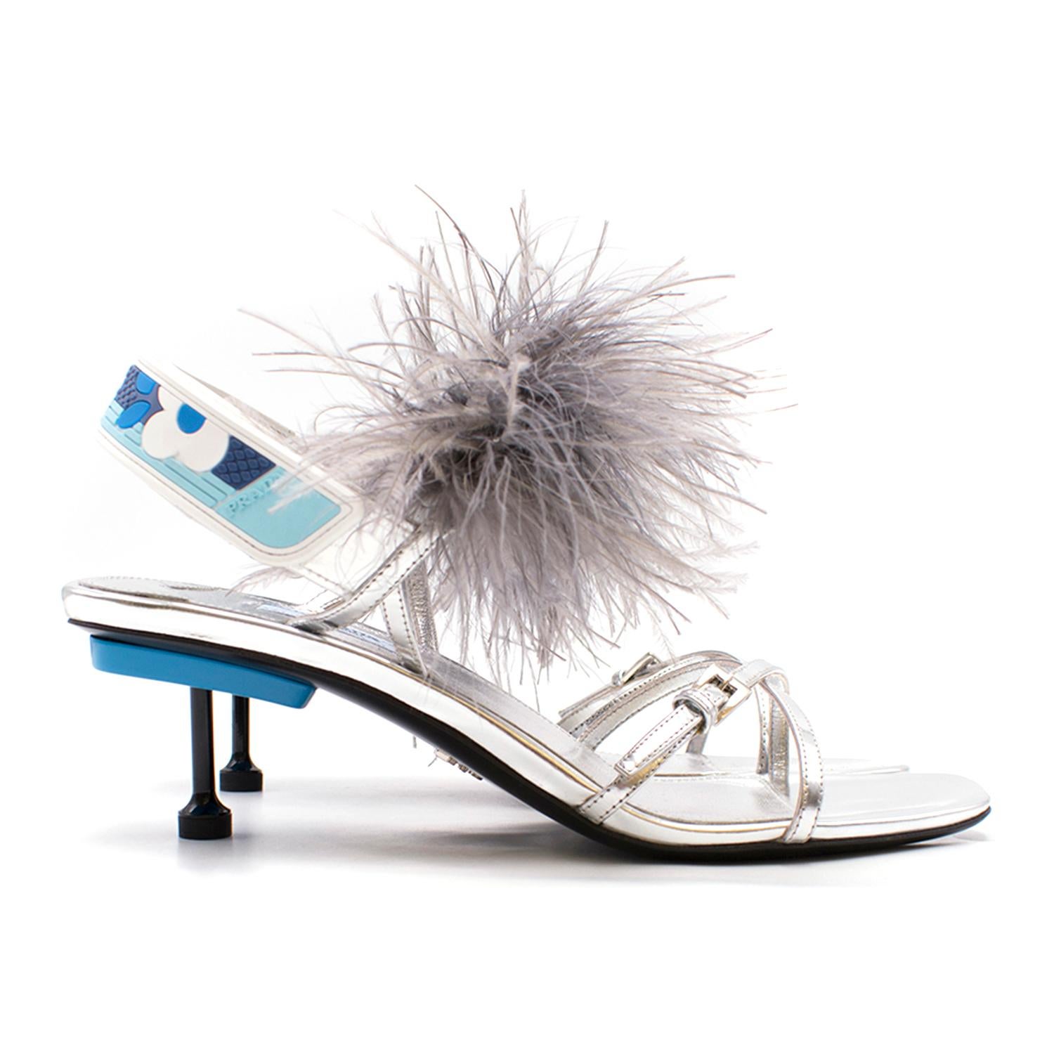Gray Prada Strap Feather Slingback Sandals  For Sale
