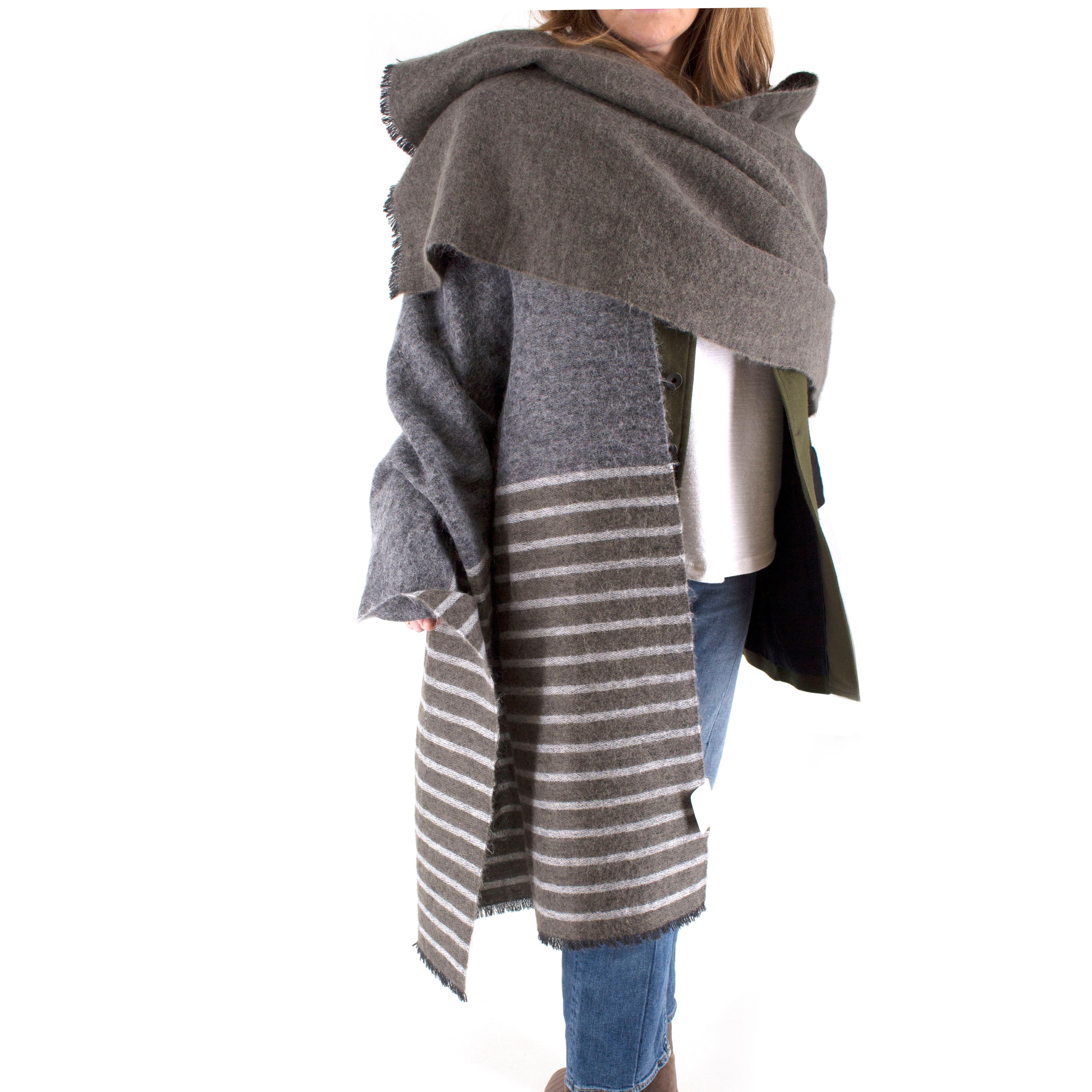 Brunello Cucinelli Grey Cashmere Striped Scarf

-Large grey scarf with light grey stripes and green accents
-Raw hem at ends
-Scarf features stripes of varied sizes 

Please note, these items are pre-owned and may show signs of being stored even