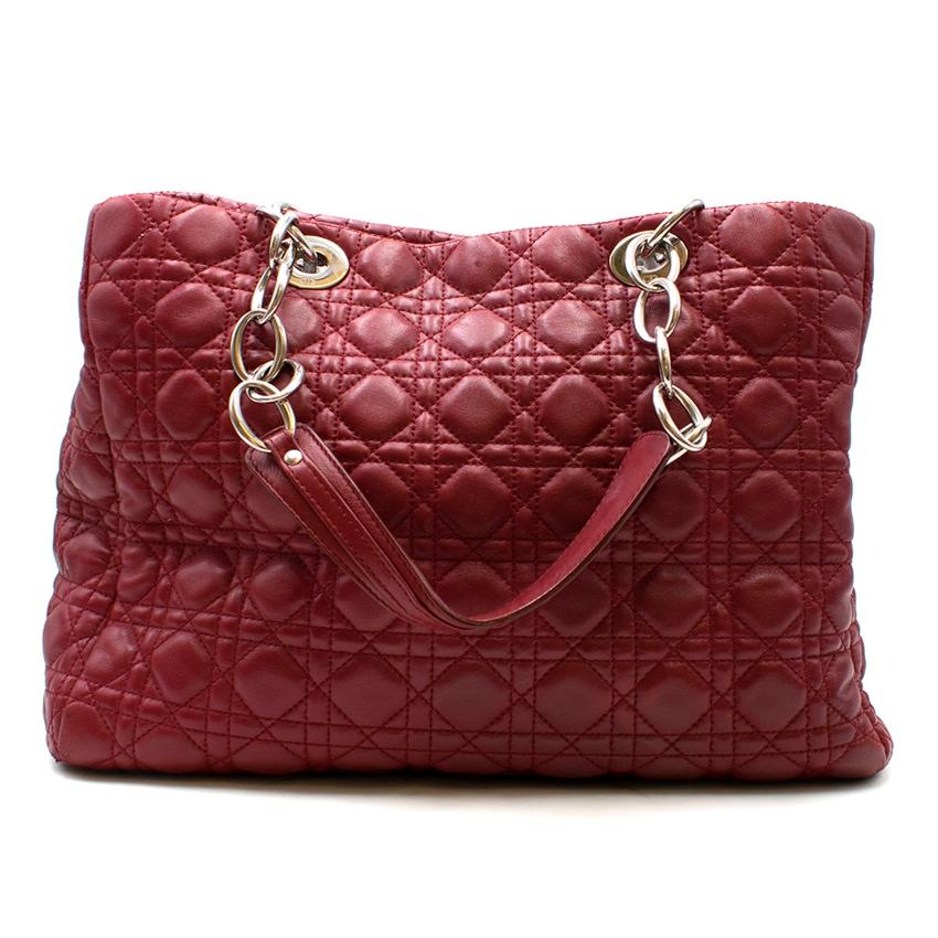 Red Christian Dior Burgandy Lambskin Quilted Cannage Tote 