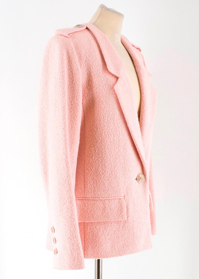 Chanel Pink Tweed Knit Jacket

-Pink thick knit jacket
-Single button closure
-Gold toned embossed buttons
-Epaulettes
-Two front pockets
-Notched lapels

Please note, these items are pre-owned and may show signs of being stored even when unworn and