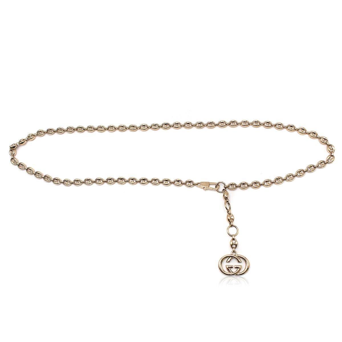 Gucci Gold Tone Mariner Link Chain Belt

-Chain belt with 'GG' charm
-Lobster clasp closure
-Adjustable length

Please note, these items are pre-owned and may show signs of being stored even when unworn and unused. This is reflected within the