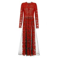 Valentino Tulle Illusione Red Long Sleeve Pleated Gown 11