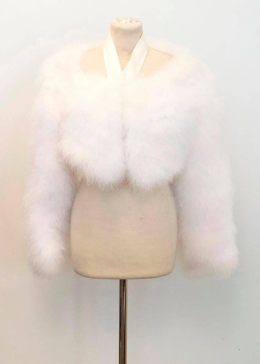 Tom Ford for Gucci white marabou feather bolero. SS 04 collection featuring a white satin halter-neck collar, rose gold hook and eye fastening on the neck and long sleeves, the bolero is fully lined in silk. Size 42.

Comes with original hanger
