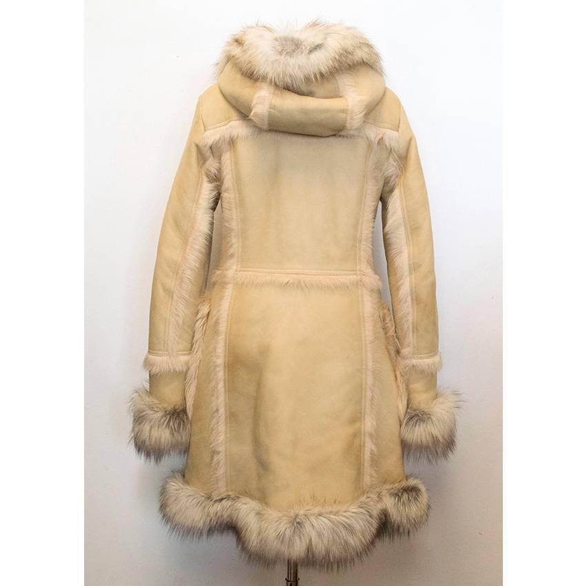 Brown Prada Sheep And Fox Fur Leather Hooded Coat For Sale