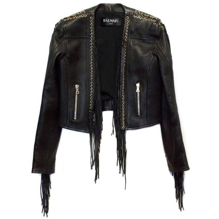 Balmain Black Cropped Fringed Leather Biker Jacket For Sale at 1stDibs