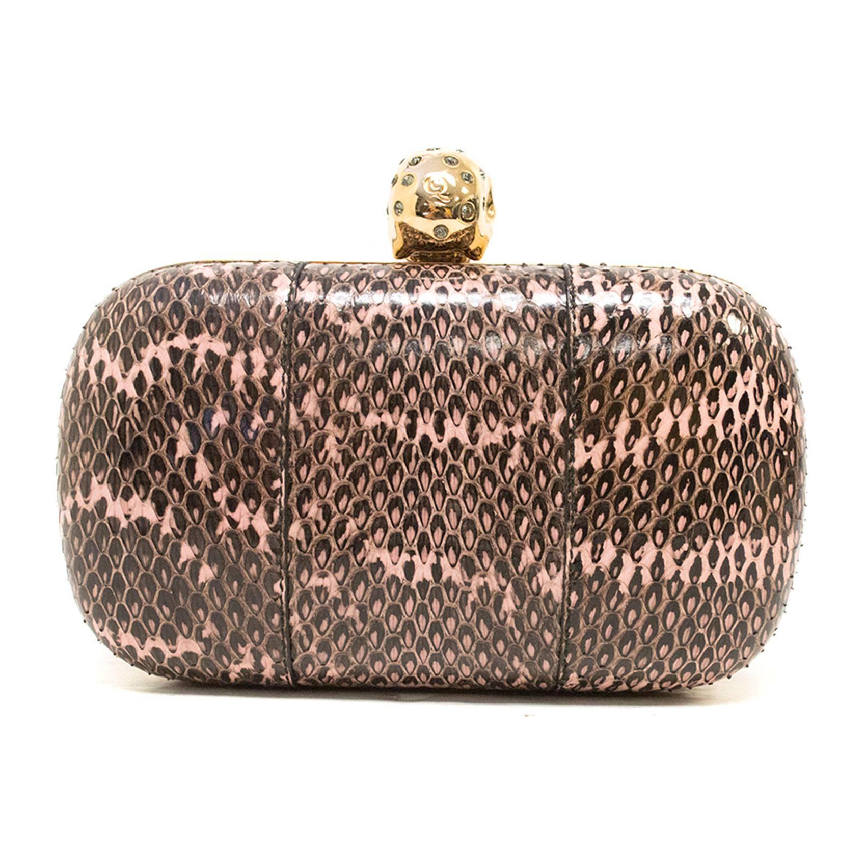 Alexander McQueen Pink And Black Python 'Skull' Box Clutch In Good Condition For Sale In London, GB