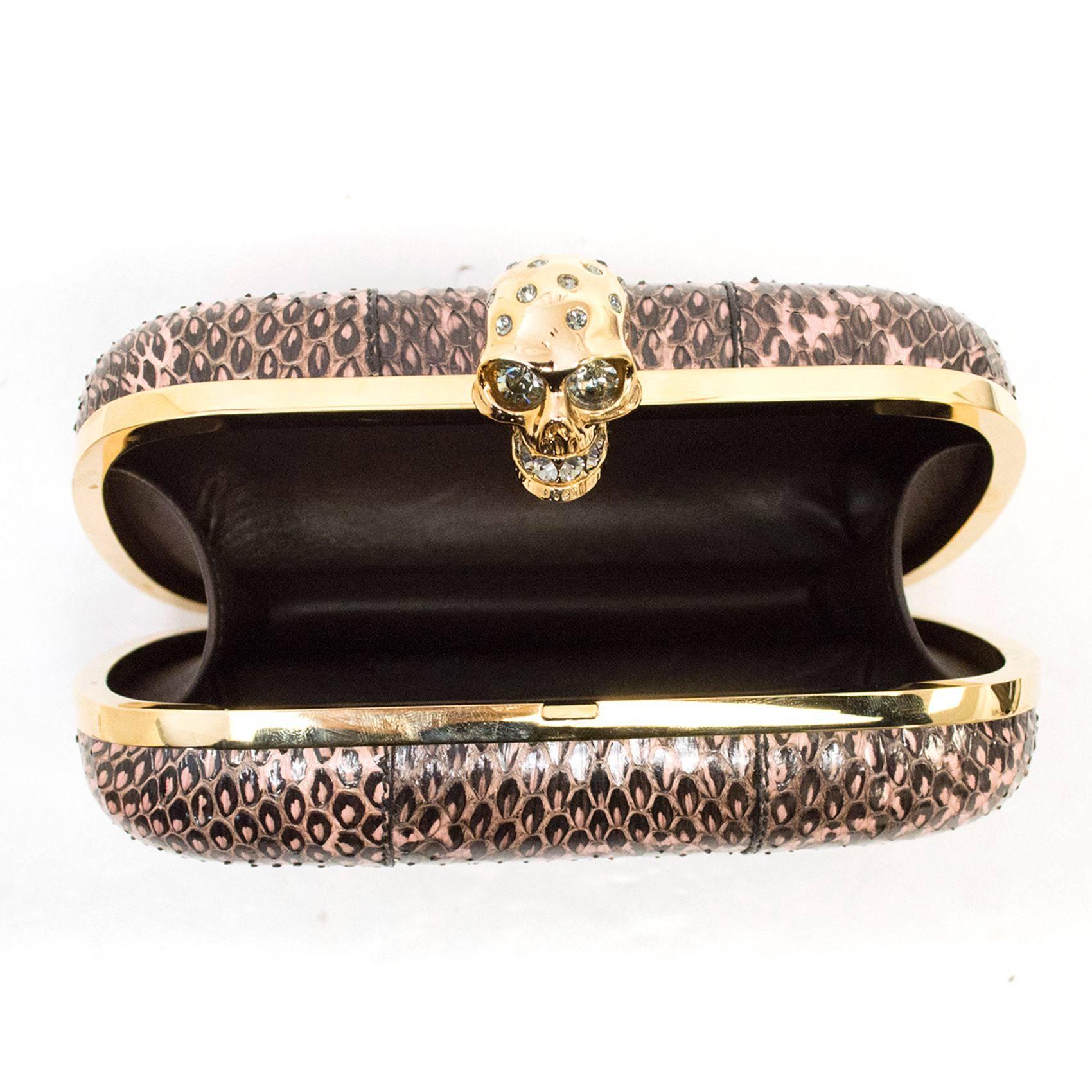 Alexander McQueen Pink And Black Python 'Skull' Box Clutch For Sale 3