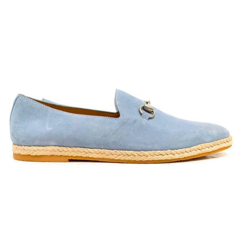 Gucci light blue suede loafers. They feature silver buckles and wicker plaited mid soles. 

There are some very slight scratches from storage to the suede upon close inspection however, these do not affect the overall look of the item.
Condition: