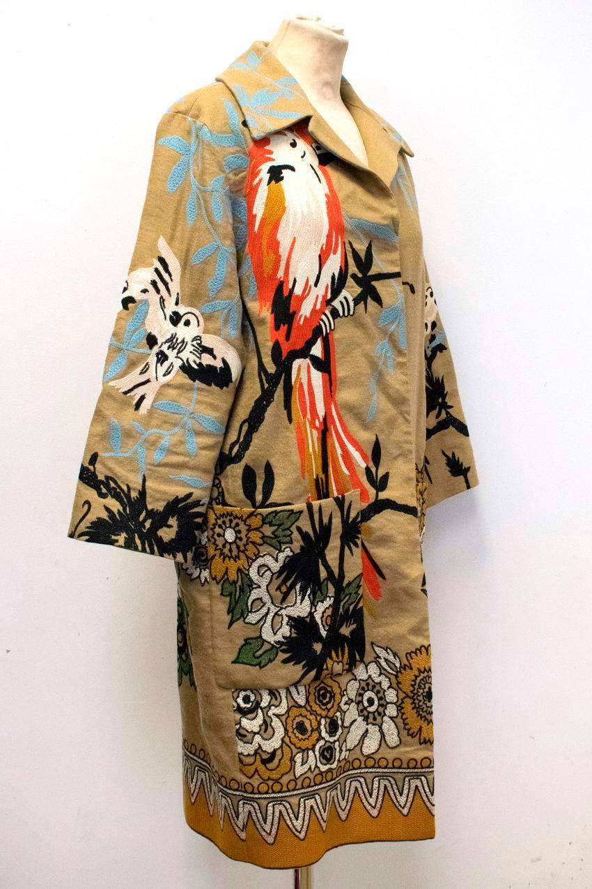 Etro Camel Brown Floral Embroidered Long Coat In New Condition For Sale In London, GB